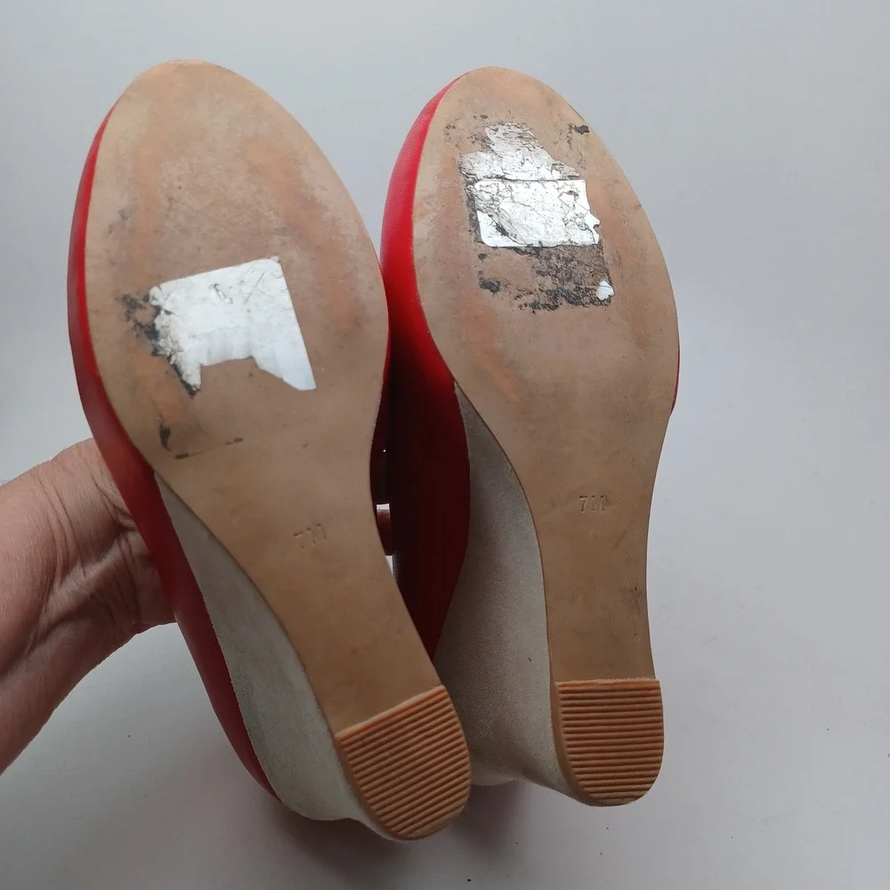 Jeffrey Campbell Nassau Last Red Leather Beige Suede Wedge Pumps Womens 7M